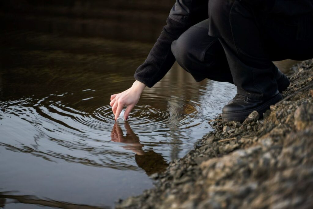 environmental engineer getting water sample for SWPPP