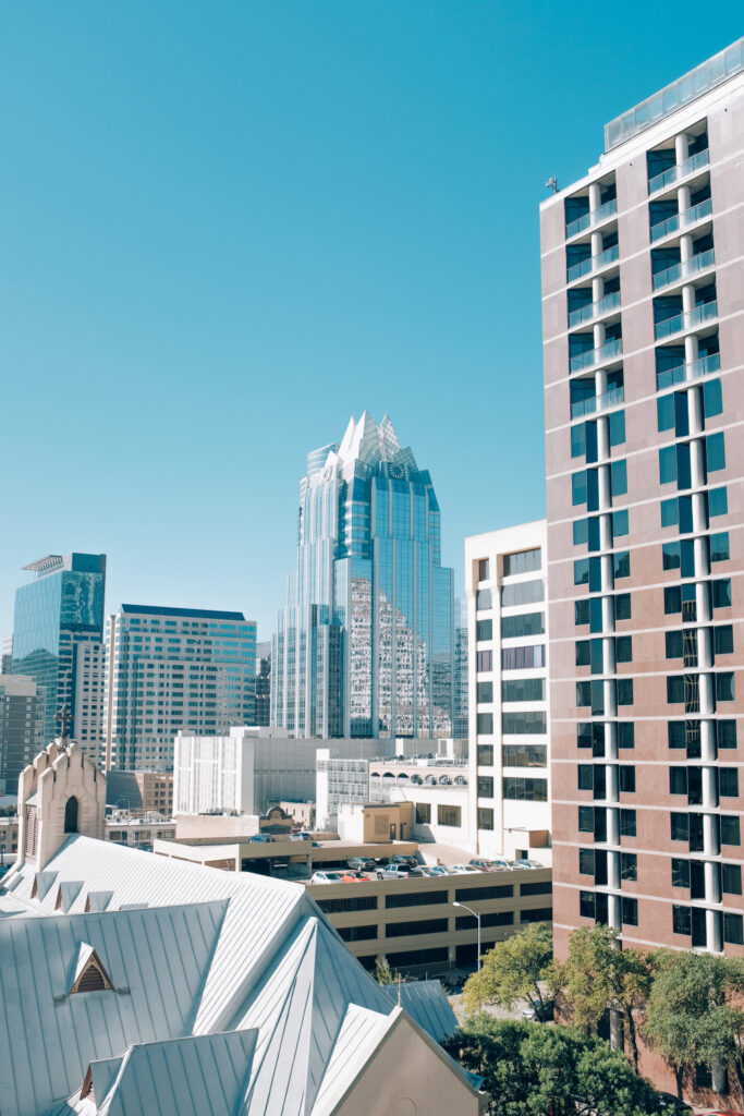 vertical shot buildings downtown austin tall glass building texas usa